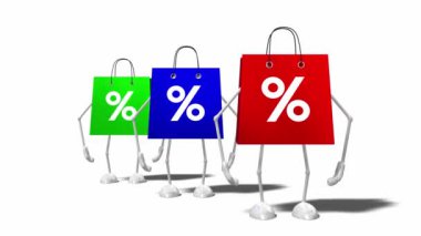 3D 4k three cartoon shopping bags with percent signs - sale/ discount concept