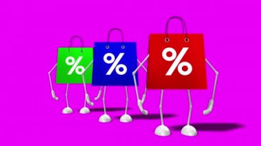 3D 4k three cartoon shopping bags with percent signs - sale/ discount concept