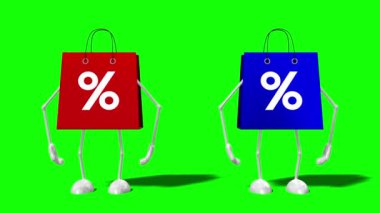 3D 4k two cartoon shopping bags with percent signs - sale/ discount concept
