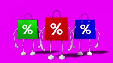 3D 4k three cartoon shopping bags with percent signs - sale/ discount concept
