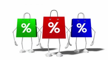3D 4k three cartoon shopping bags with percent signs - sale/ discount concept