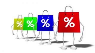 3D 4k four cartoon shopping bags with percent signs - sale/ discount concept