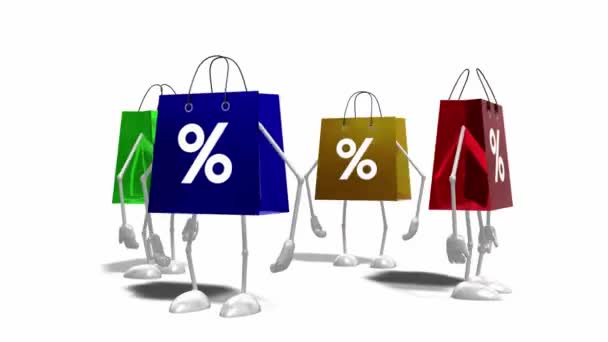 Four Cartoon Shopping Bags Percent Signs Sale Discount Concept — 图库视频影像