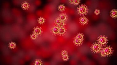 Falling coronavirus/ covid-19 virus molecules, red background - 3D 4k animation