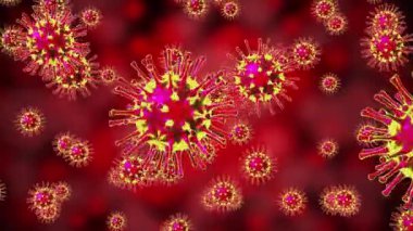 Many coronavirus/ covid-19 virus molecules, red background - 3D 4k animation