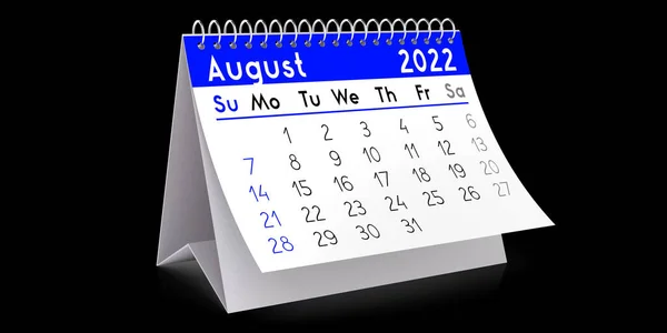 2022年8月 表格日历 3D插图 — 图库照片