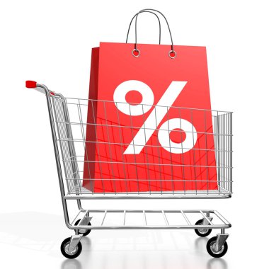 Alışveriş çantası, el arabası - satış konsepti - 3 boyutlu illüstrasyon