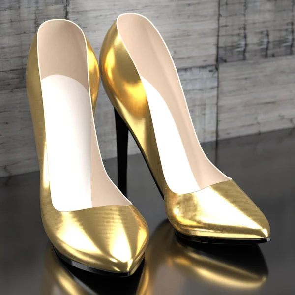 Golden high heel shoes - 3D illustration