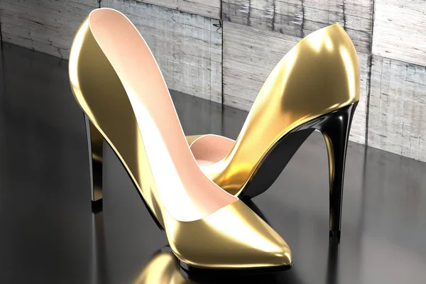 Golden high heel shoes - 3D illustration