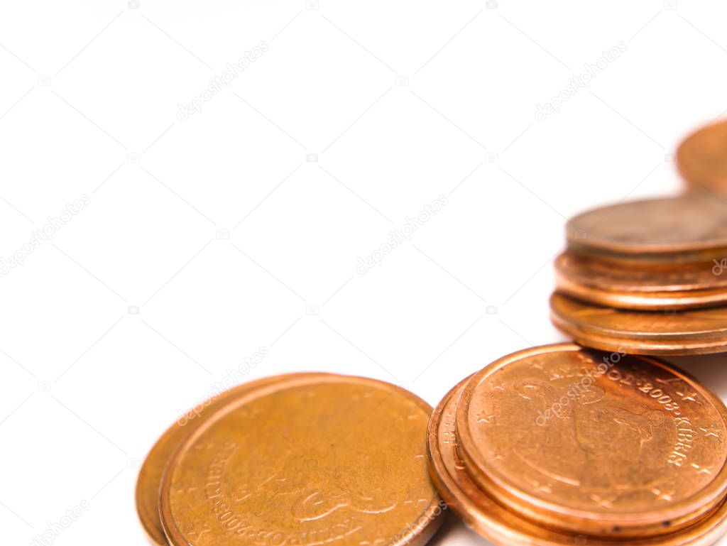 Money small coins on a white background with place for text.
