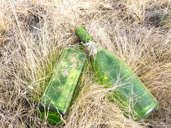 Empty alcohol bottles in the grass on nature.
