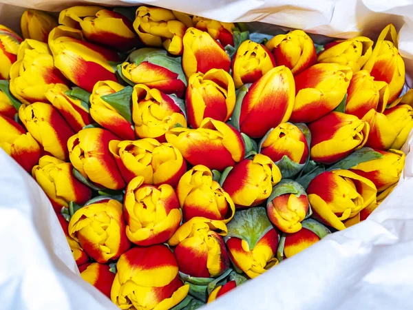 Bouquet Fleurs Tulipes Rouges Jaunes Pour Fête Des Mères Fête — Photo