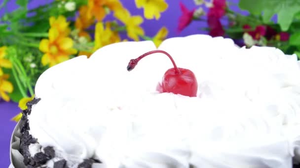Cseresznyés sütemény fehér pudinggal. Étel. Desszert. Születésnap. Nyaralni. Gyümölcsbogyó. A szöveg helye.