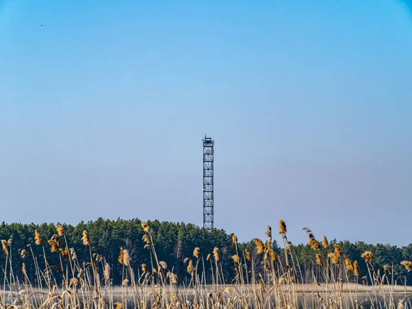 Ohnivá Rozhledna Lese Proti Modré Obloze Pomoc Pohotovost Místo Pro — Stock fotografie