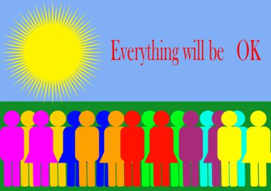 İnsanlar güneşli ufka bakıyor. Soyutlama. Metin için şablon. Tamam, mesaj için yer. Poster. Arkaplan resmi. Her şey yoluna girecek..