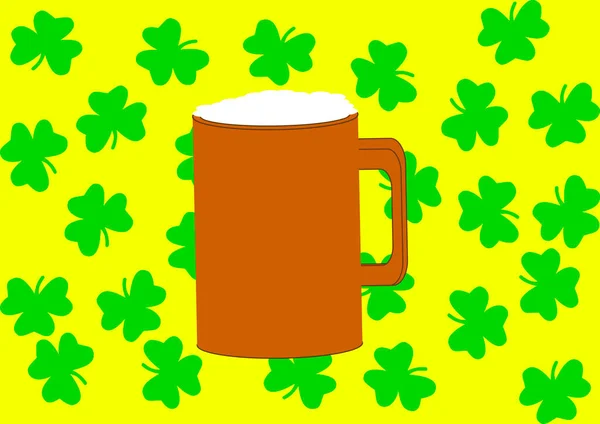 Μια κούπα μπύρα με ένα πράσινο φύλλο φτέρης την ημέρα του Αγίου Πατρικίου. — Διανυσματικό Αρχείο