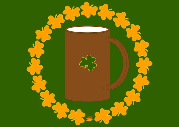 En mugg öl med ett grönt blad ormbunke på St Patricks Day. — Stock vektor