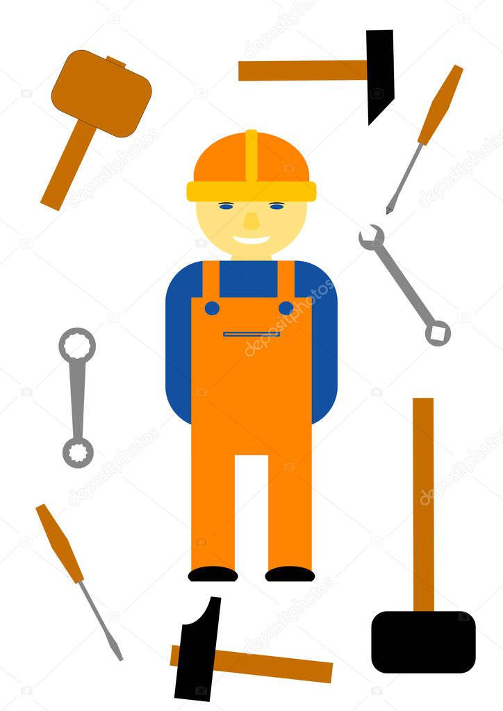 Specialist repairman with a tool in a helmet. Construction and repair. Repair of refrigerators. Repair of washing machines. Car repair. Repair equipment. Template for text. Poster. Vector.