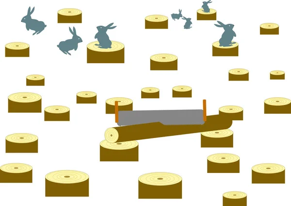 森林砍伐后兔子在树桩上. — 图库矢量图片