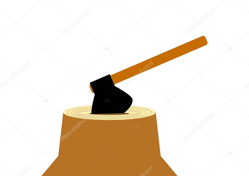 Logging firewood cutting with carpentry tool with an ax. Ecology. Environmental protection. Timber industry. Ecological catastrophy. Joiner's tool. Vector image.