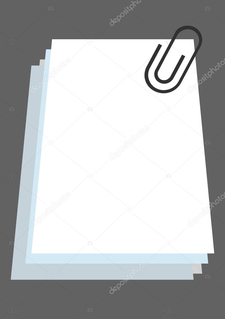 A stack of white sheets of paper stapled with a paper clip. Template for text. Background vector image. Poster. Booklet. Place for text. Free place. Documents. Form. Desk.