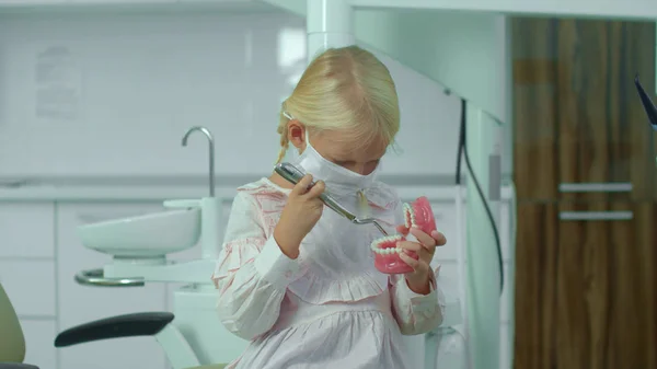 Girl holds nippers and medical jawbone in her hands. — Stock Photo, Image