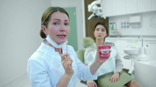 Tandläkare håller käken i handen och pekar på tänder — Stockvideo