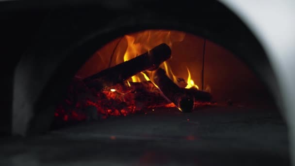 Houten blokken branden in de oven — Stockvideo