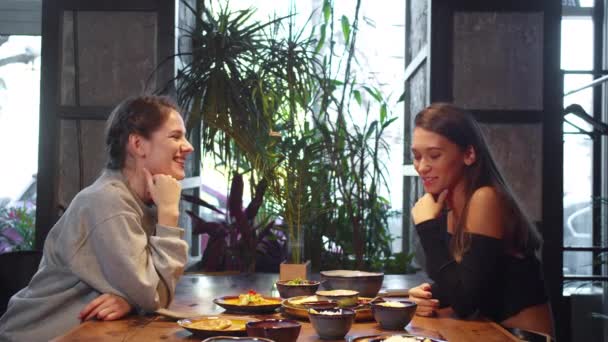 Two girls sit in a cafe and talk friendly — Stock Video