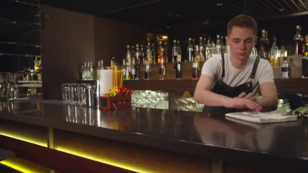 Barman dans le comptoir de lingettes tablier bar avec un chiffon — Video