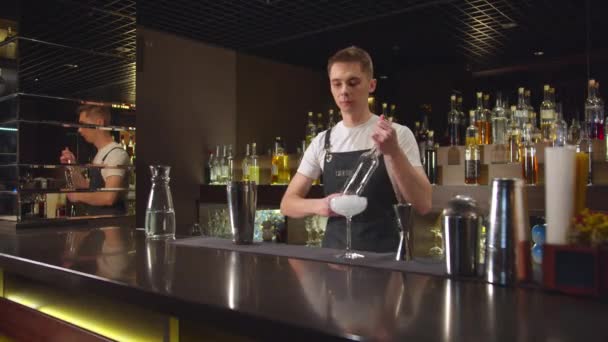Бармен наливает алкоголь в коктейль-шейкер в баре — стоковое видео