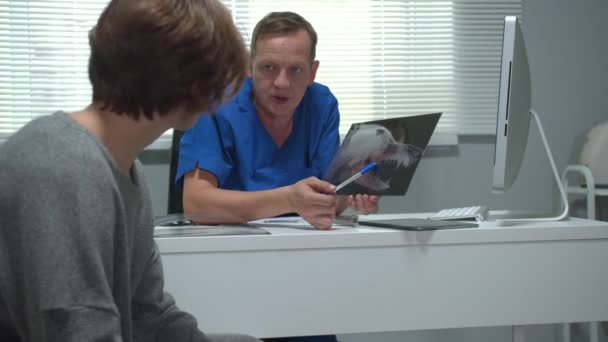 Vet parle à l'homme avec husky et montre des rayons X de chien 