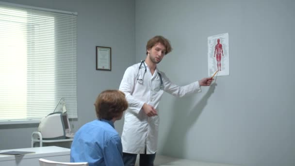 Lekarz pokaże zdjęcie ludzkiego ciała chłopcu i coś wyjaśni. — Wideo stockowe