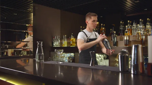 Bartender shakes cocktail shaker and pours alcohol in glass at the bar