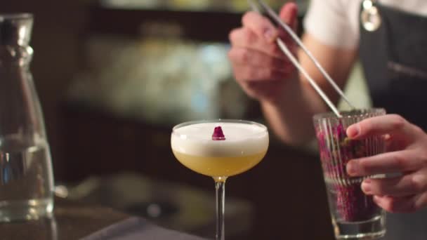 Близько, бармен кладе ягоди з щипцями в склянку з алкоголем — стокове відео