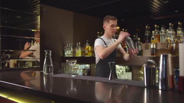 Barman schudt cocktailshaker en giet alcohol in glas in de bar — Stockvideo