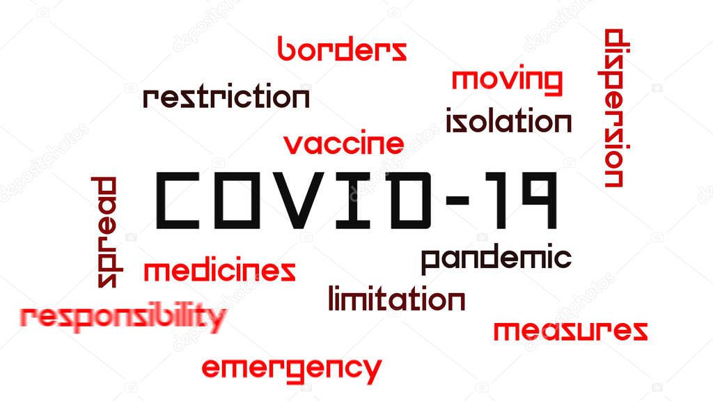 Covid-19 and related words on red background