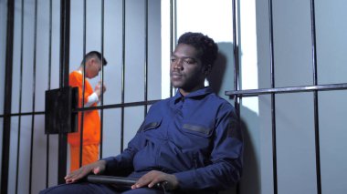 Hapishane koridorunda siyah gardiyan oturuyor.