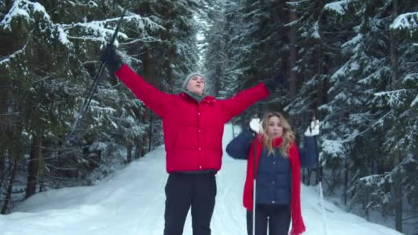 Двое лыжников радуются и победно поднимают руки — стоковое видео