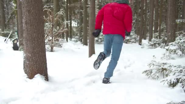 Pai e filho jogam catch-up na floresta de inverno — Vídeo de Stock