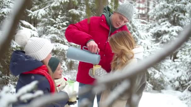 Сімейні бази з гарячим чаєм в зимовому лісі — стокове відео