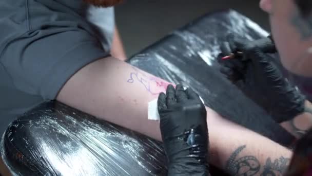Το κορίτσι γεμίζει ένα τατουάζ με μια φωτογραφία ενός ταύρου. Κοντινό πλάνο — Αρχείο Βίντεο