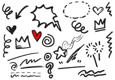 El çizimi elementler, Ok, kalp, aşk, yıldız, yaprak, güneş, ışık, taç, vurgu, girdap, kavram tasarımı için.