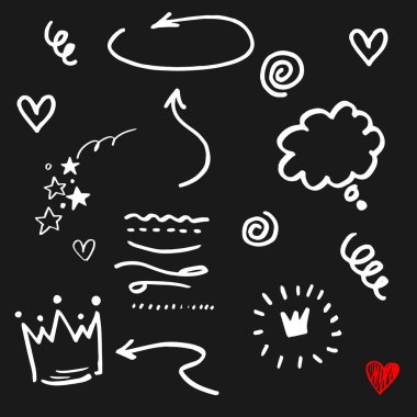 Hand drawn set elements,Arrow, heart, love, star, leaf, sun, light,crown,emphasis ,swirl, for concept design. clipart
