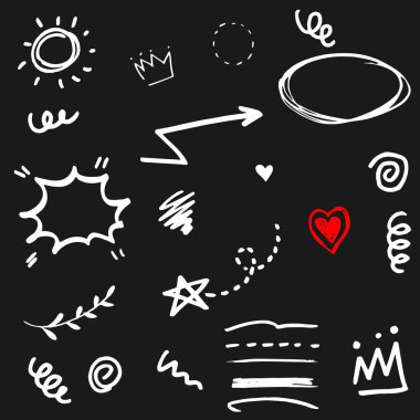 El çizimi elementler, Ok, kalp, aşk, yıldız, yaprak, güneş, ışık, taç, vurgu, girdap, kavram tasarımı için.