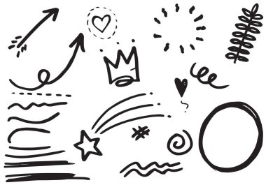 El çizimi elementler, Ok, kalp, aşk, yıldız, yaprak, güneş, ışık, taç, vurgu, girdap, kavram tasarımı için.