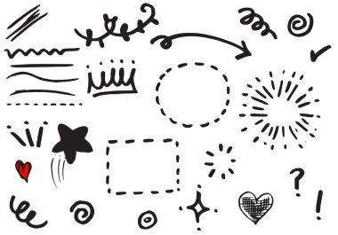 El çizimi elementler, Ok, kalp, aşk, yıldız, yaprak, güneş, ışık, taç, vurgu, girdap, kavram tasarımı için.