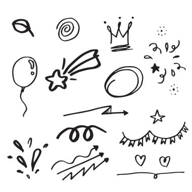 El çizimi elementler, Ok, kalp, aşk, yıldız, yaprak, güneş, ışık, taç, vurgu, girdap, kavram tasarımı için.