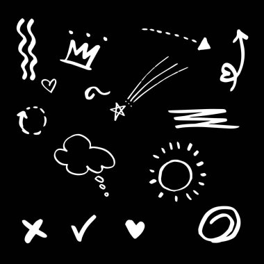 El çizimi elementler, Ok, kalp, aşk, yıldız, yaprak, güneş, ışık, taç, vurgu, girdap, kavram tasarımı için.
