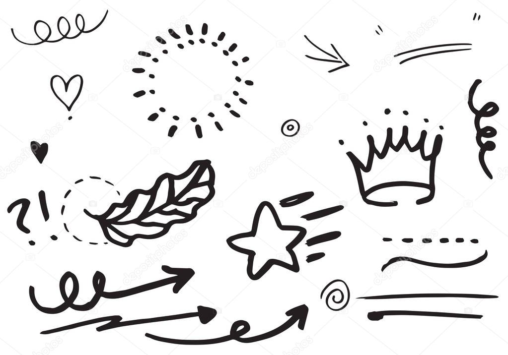 Hand drawn set elements,Arrow, heart, love, star, leaf, sun, light,crown,emphasis ,swirl, for concept design.
